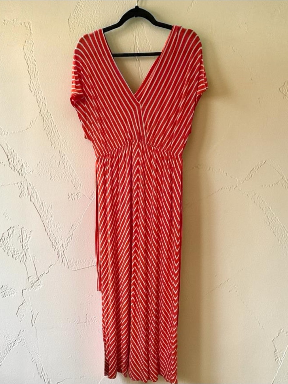 J. Crew Red and White Striped V-Neck Maxi Dress